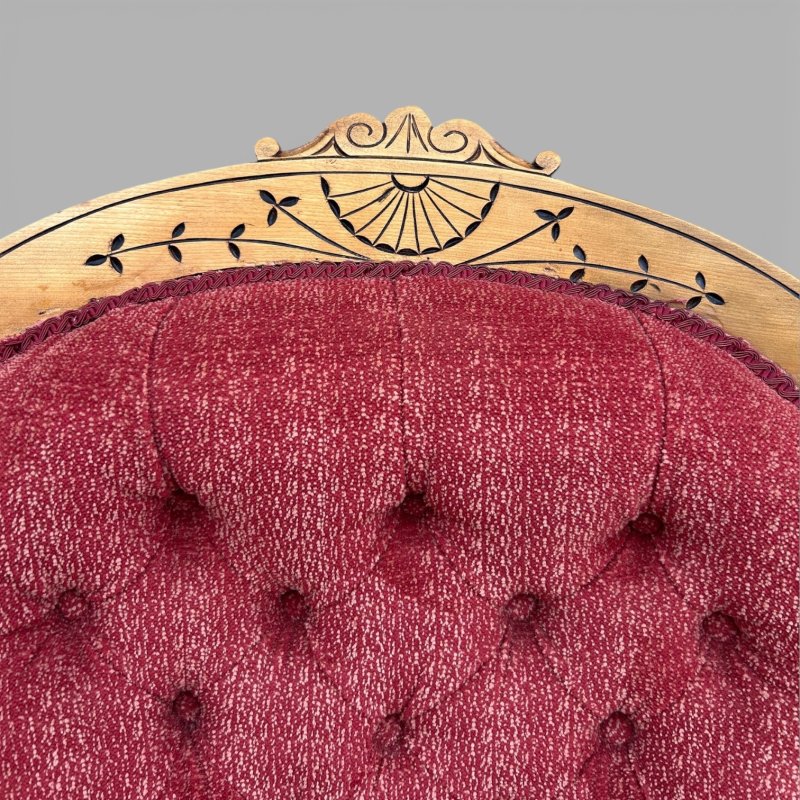 Antique Victorian Satin Burch Red Button Back Armchair with Turned Legs - Image 12